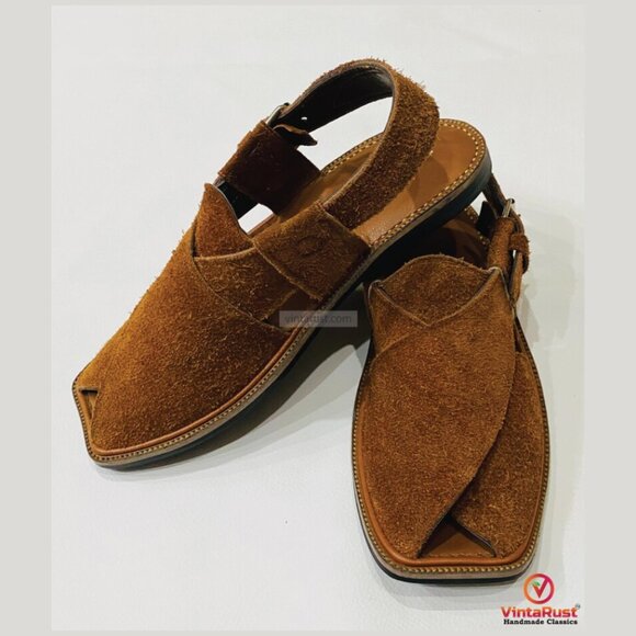 Brown Suede Peshawari Sandals, Rustic Brown Suede Peshawari Chappal, - Picture 6 of 7